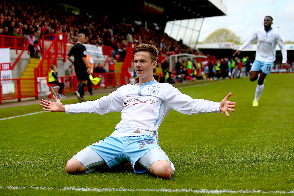 James Maddison of Coventry celebrates after scoring to make it 2-1 during the Sky Bet League One match between Crawley Town and Coventry City at The Checkatrade.com Stadium