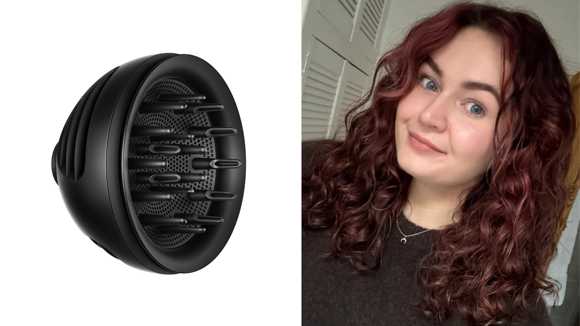 The Dyson Supersonic Nural Wave + Curl Diffuser (left) and Lucy&#039;s hair after drying (right)