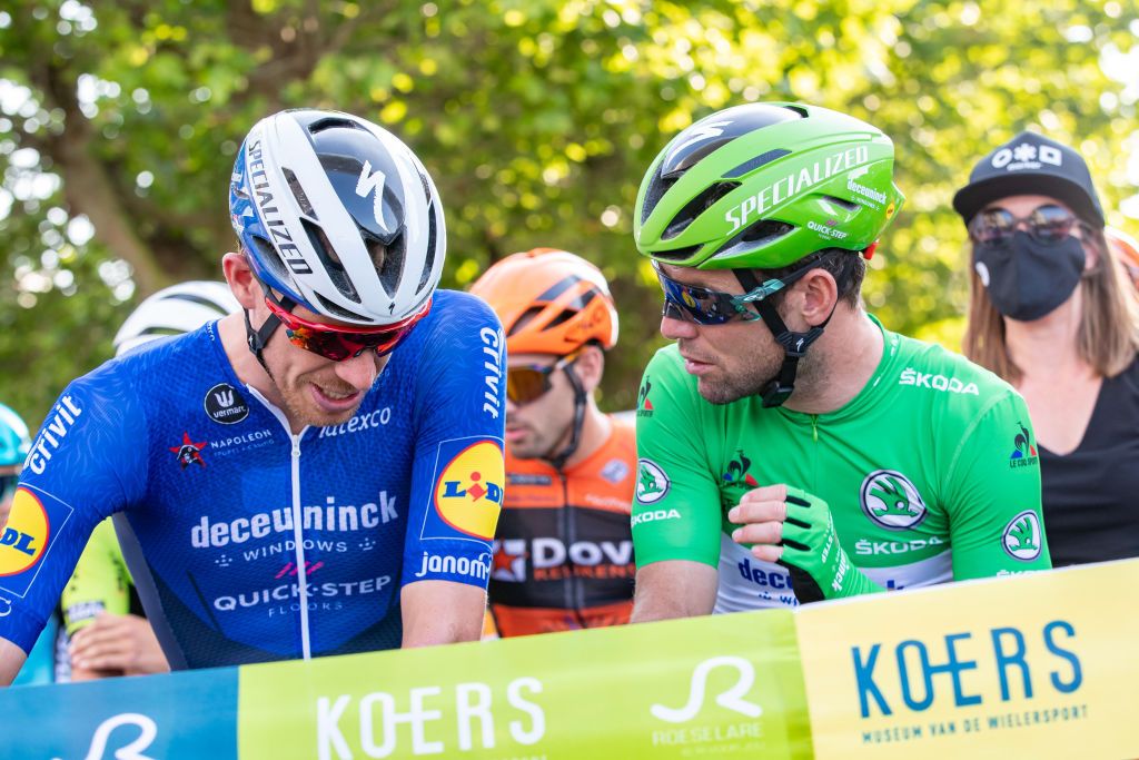 Belgian Tim Declercq of Deceuninck QuickStep and British Mark Cavendish of Deceuninck QuickStep at the start of the Natourcriterium Roeselare cycling race Tuesday 20 July 2021 in Roeselare The contest is a part of the traditional criteriums local races in which mainly cyclists who rode the Tour de France compete BELGA PHOTO KURT DESPLENTER Photo by KURT DESPLENTERBELGA MAGAFP via Getty Images