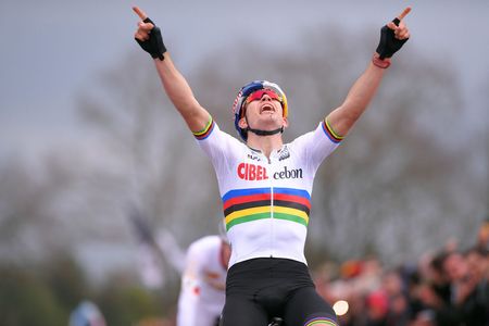 Wout Van Aert celebrates victory at Pont-Chateau