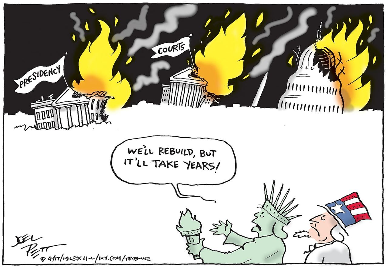 Political Cartoon U.S. Trump Notre Dame Chaos rebuild Catholic Cathedral fire