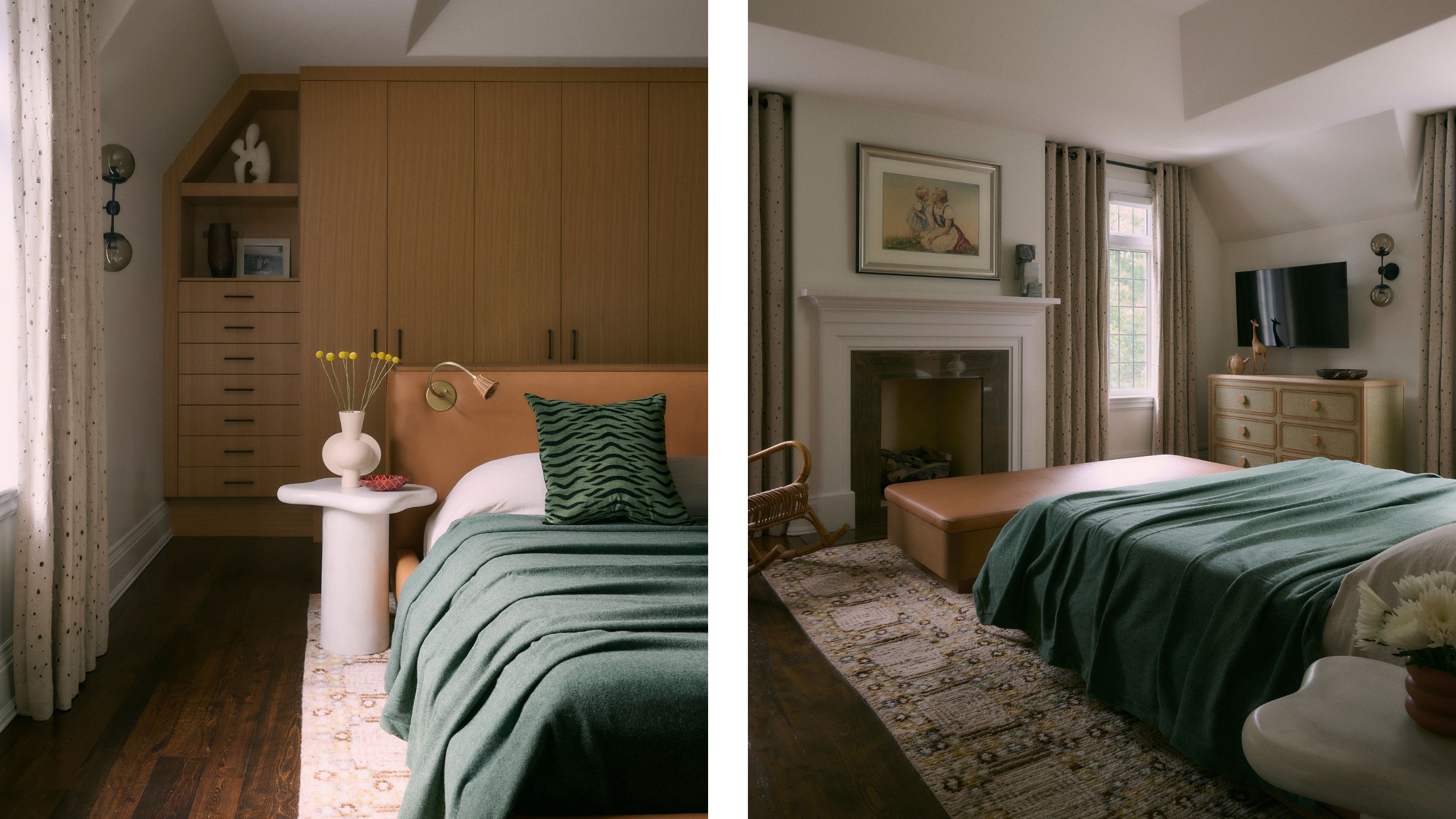 two side by side images of neutral bedroom with oak closet storage, a fireplace, bed styled with green throw and pillow and leather ottoman