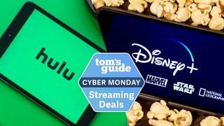 Hulu and Disney Plus logos joined with a Cyber Monday badge