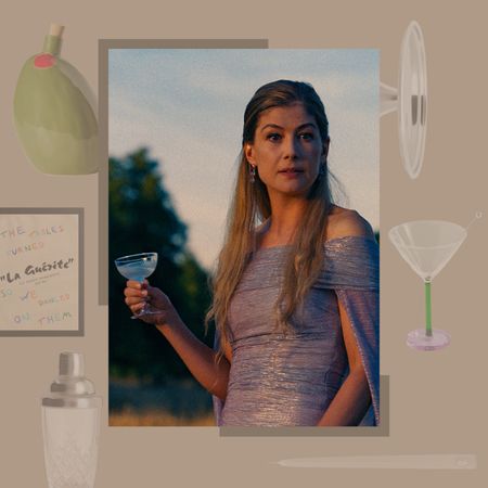 image of Rosamund Pike in Saltburn with gift guide products around it