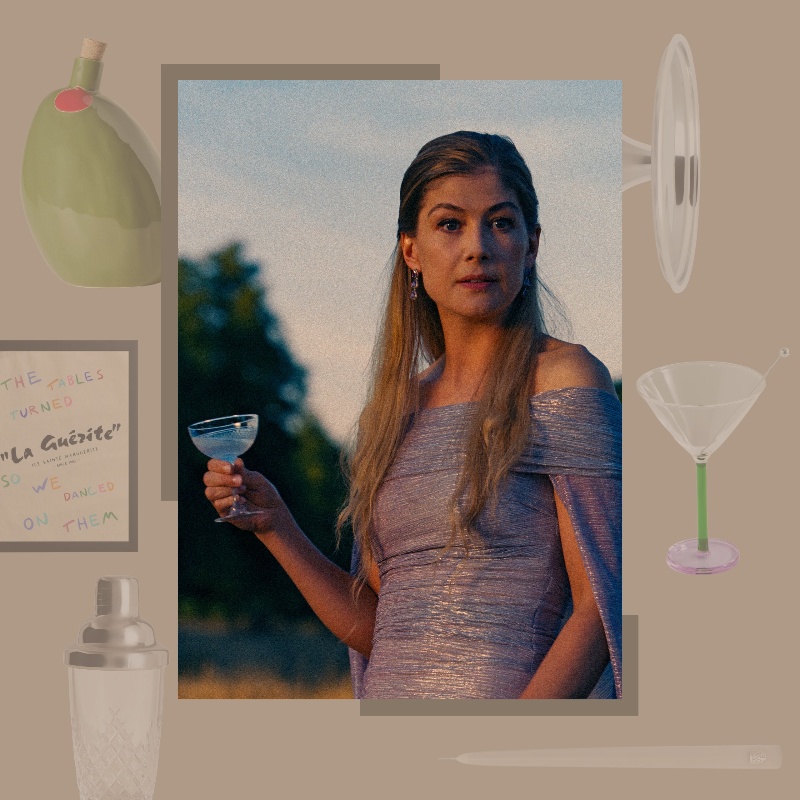 image of Rosamund Pike in Saltburn with gift guide products around it