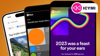 Three phones on an orange background showing Spotify Wrapped 2023, YouTube Music Recap 2023 and the AllTrails app