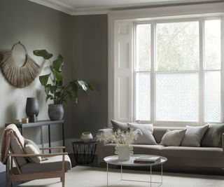 soft sage green decorated living room with large sash window