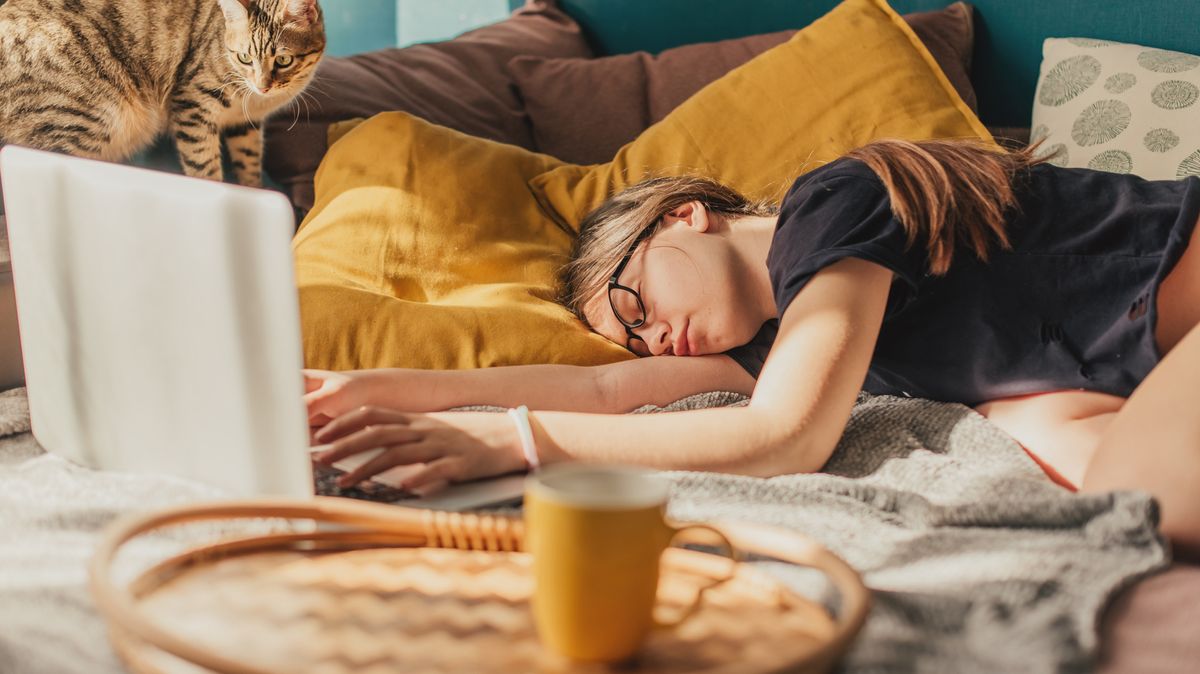 A college student falls asleep in front of her laptop on the couch while studying