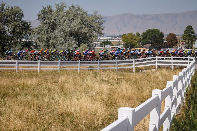 The peloton passes by farms on the way to todays climb on August 8, 2018 in Cedar City, Utah.
