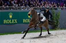 Conor Swail and Vital Chance De La Roque suffer a tack malfunction in the CSI5* speed class at CHI Geneva in 2022