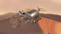 illustration of a silvery metallic rotorcraft flying over orangish dunes