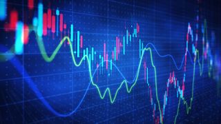 line graph in green and red on blue background representing fluctuating prices