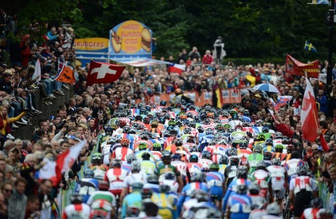 The elite men's peloton in action during the road race world championship in Valkenburg, The Netherlands.