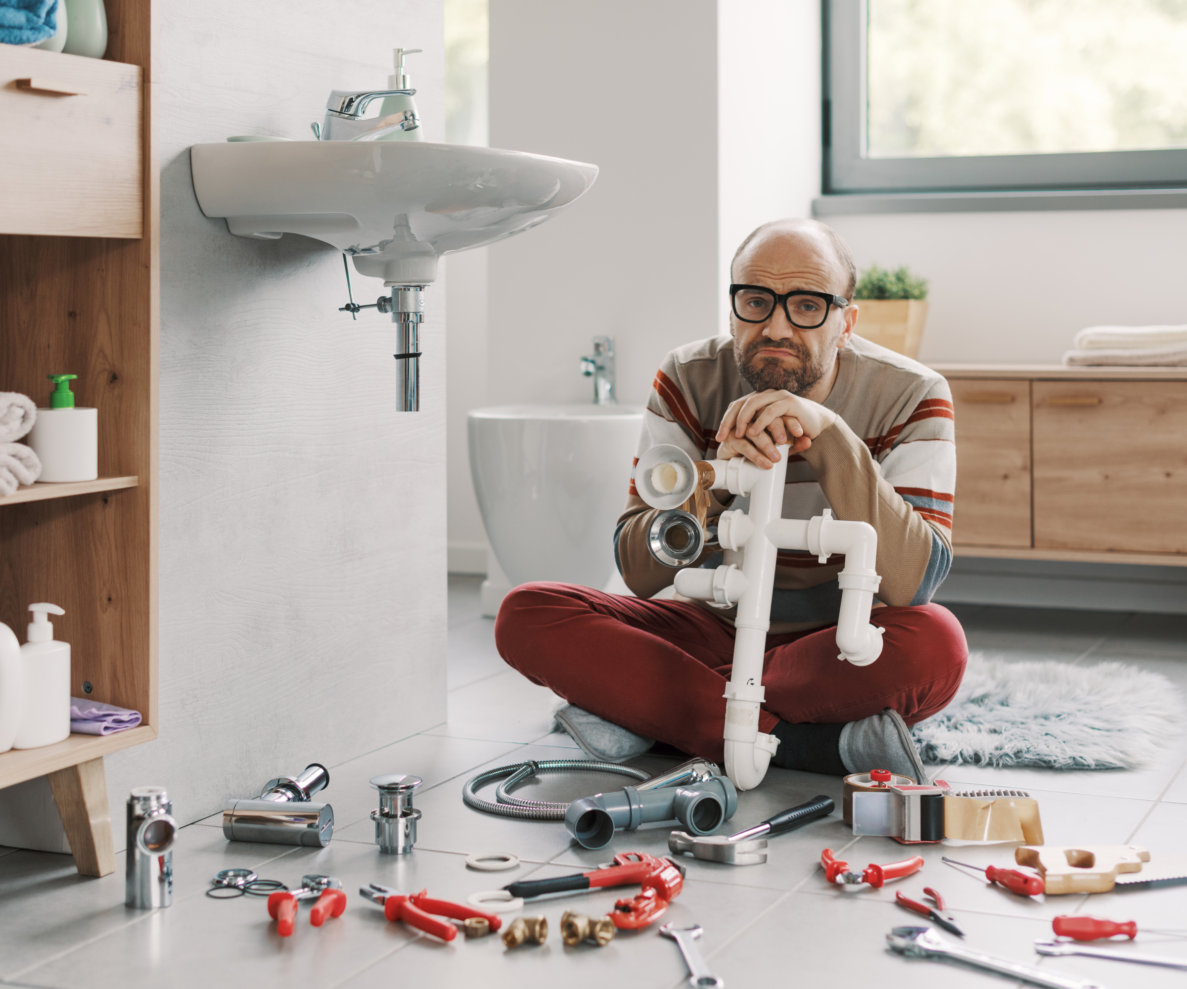 man sat on floor in bathroom surrounded with pipework and various tools