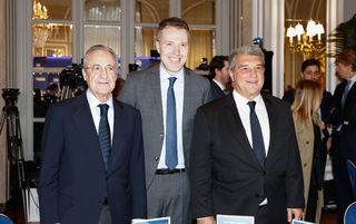 A22 CEO Bernd Reichart flanked by Florentino Perez and Joan Laporta
