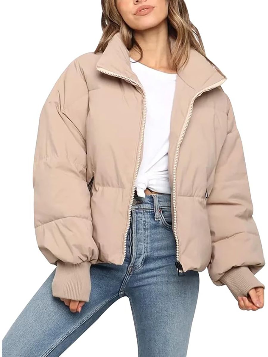 Flygo, Flygo Winter Cropped Puffer Jacket Coats for Women 2025 Short Warm Quilted Jackets Outerwear With Pockets(khaki-S)
