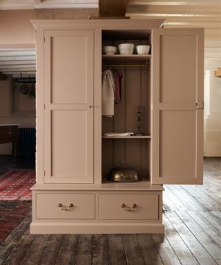 Freestanding pale blush pink pantry with open door on dark original hardwood floors in rustic cottage kitchen. There's a red rug in left background