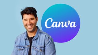 Canva founder Cliff Obrecht in front of the Canva logo