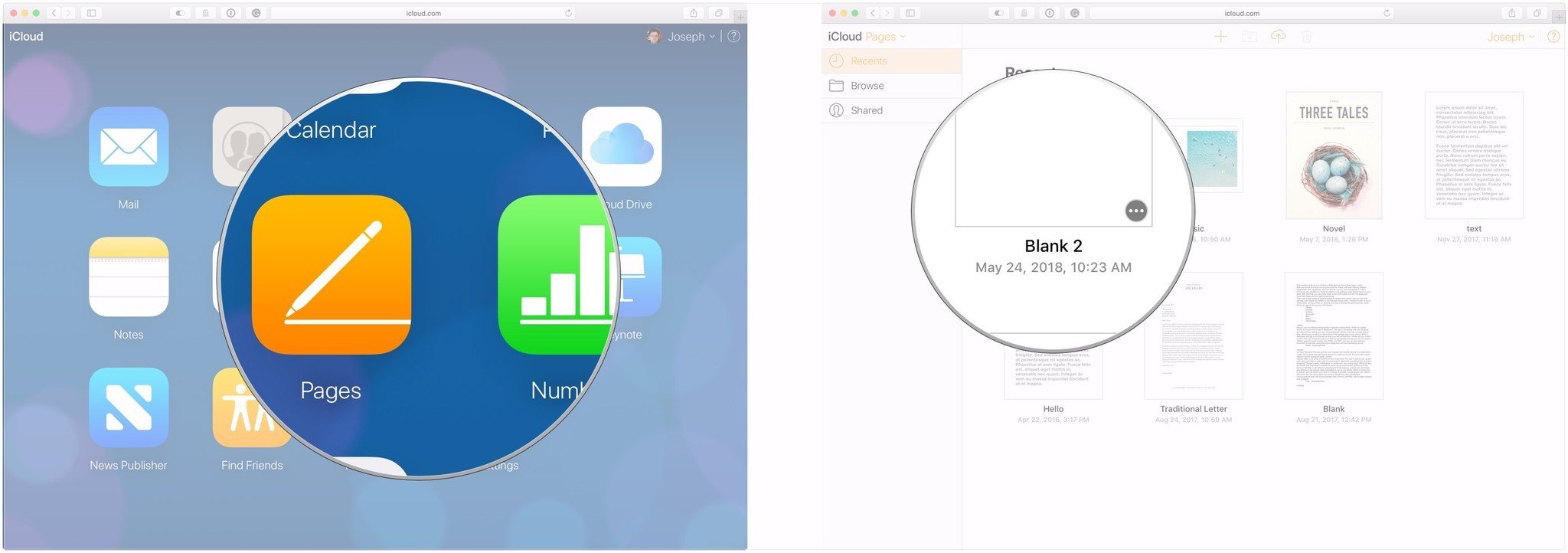 Click on an iWork app, open or create document