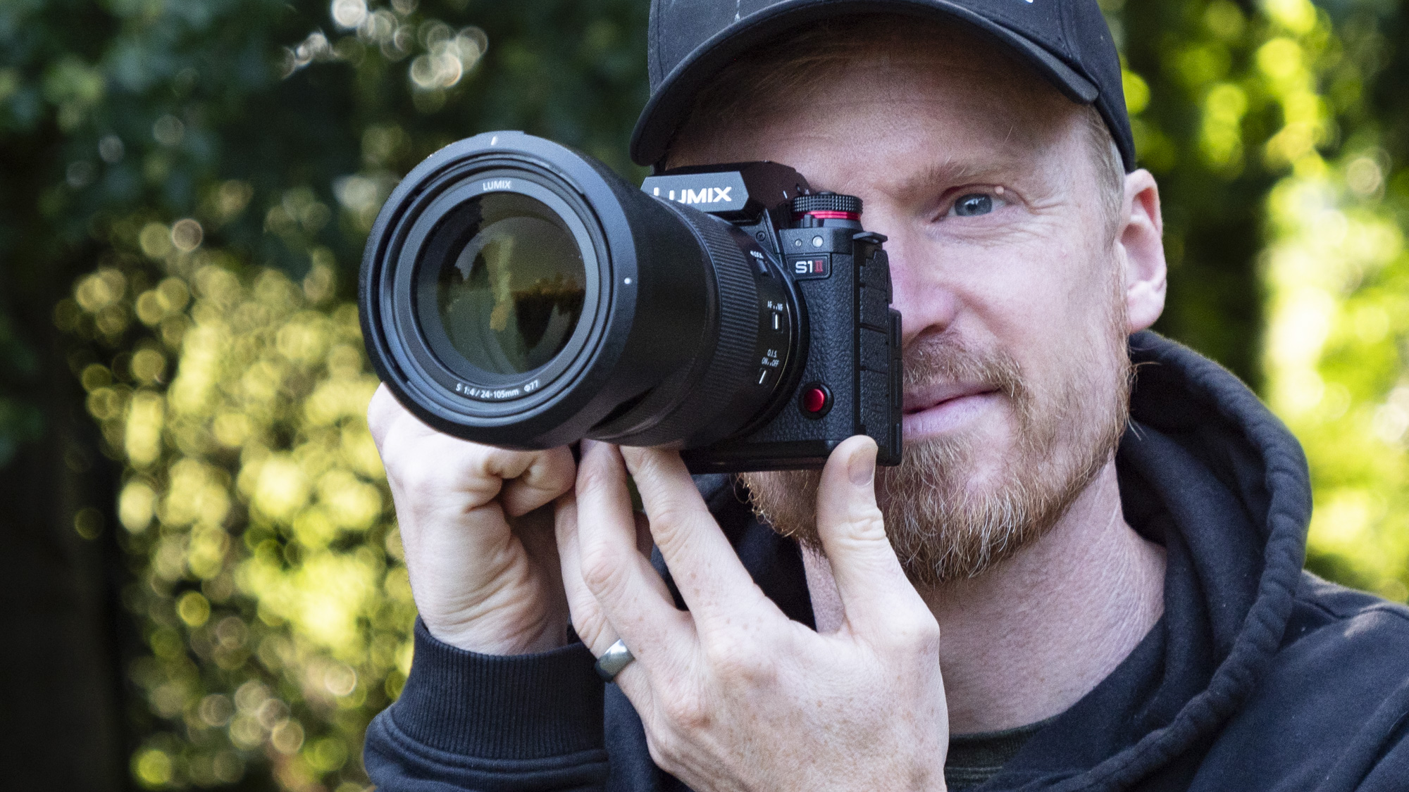 Panasonic Lumix S1 II mirrorless camera held up to photographer's eye