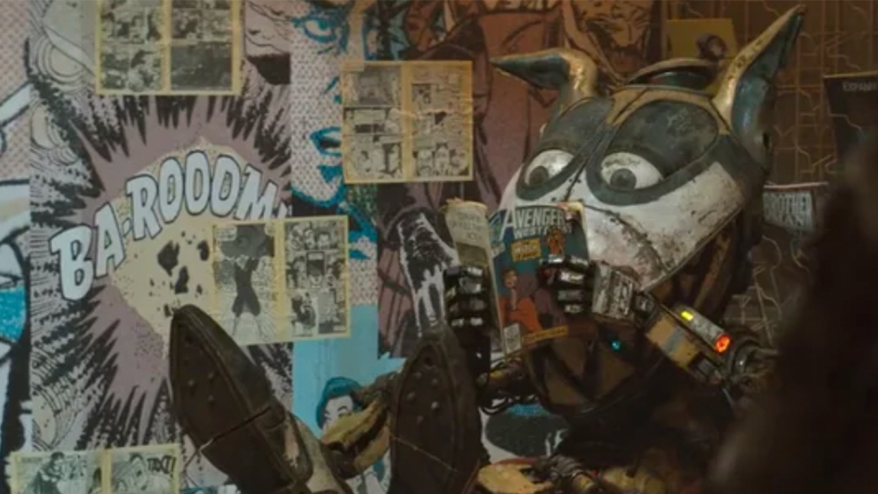 A robot reading an Avengers comic in The Electric State