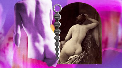 collage of female form with anal bead vibrator