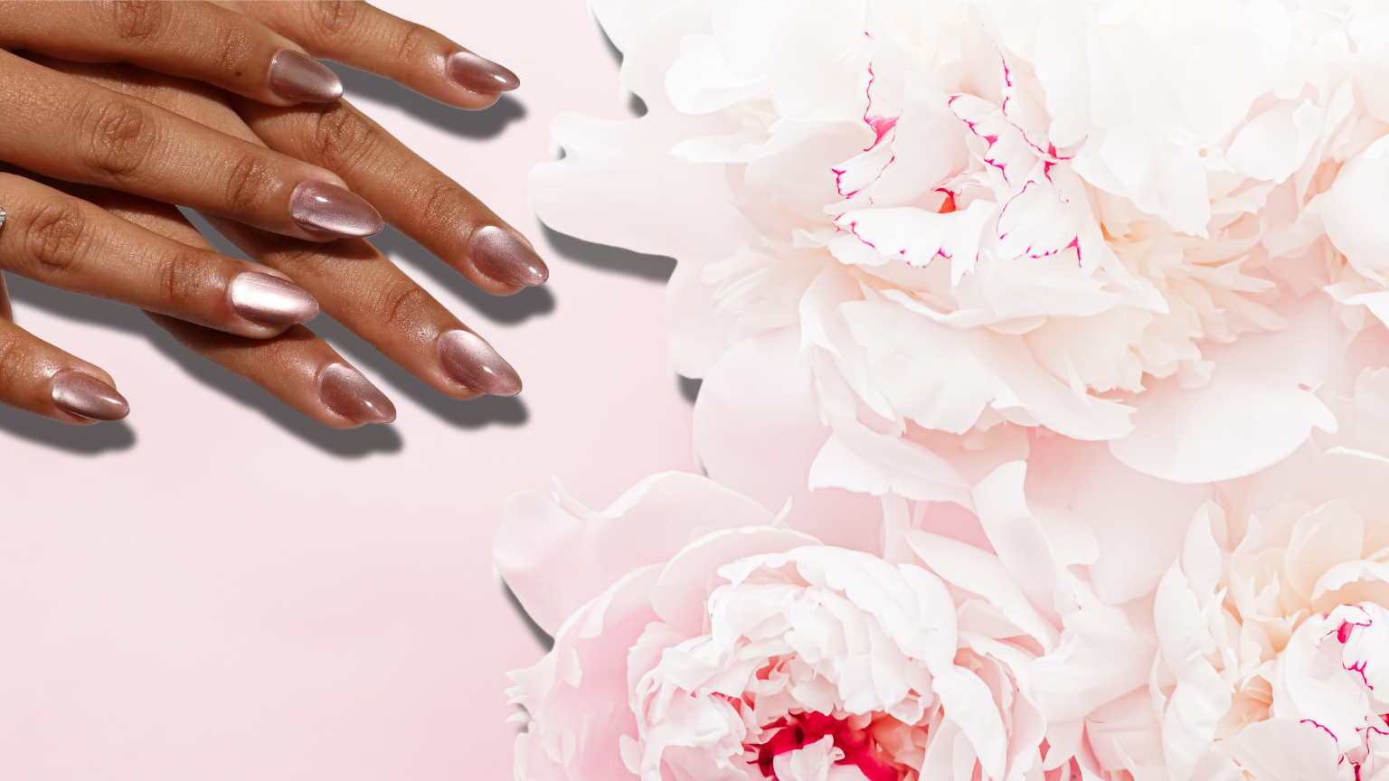 a pair of manicured hands on a pink background next to white flowers