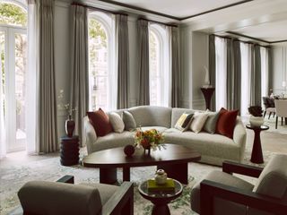 Modern grey living room with boucle sofa