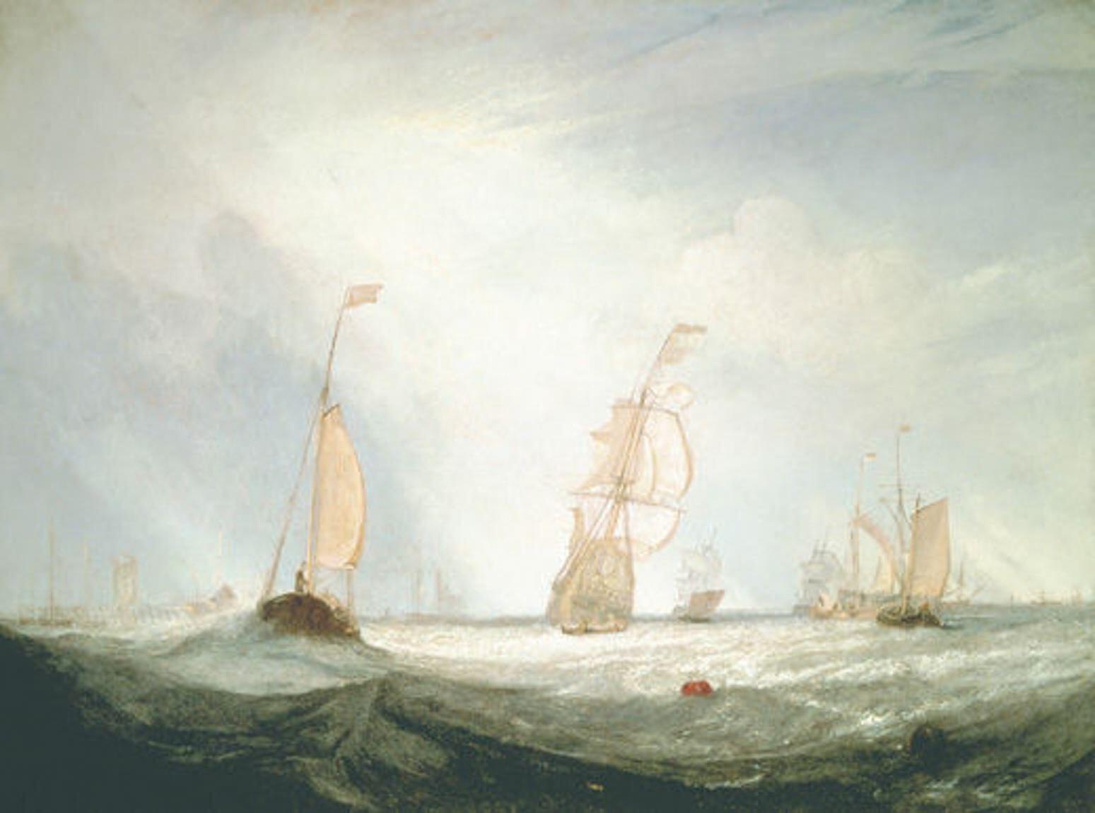 Helvoetsluys Ships Going out to Sea 1832 by J.M.W. Turner. In an airy and light-filled seascape featuring sailships at sea, the eye is drawn to a red buoy in the foreground.