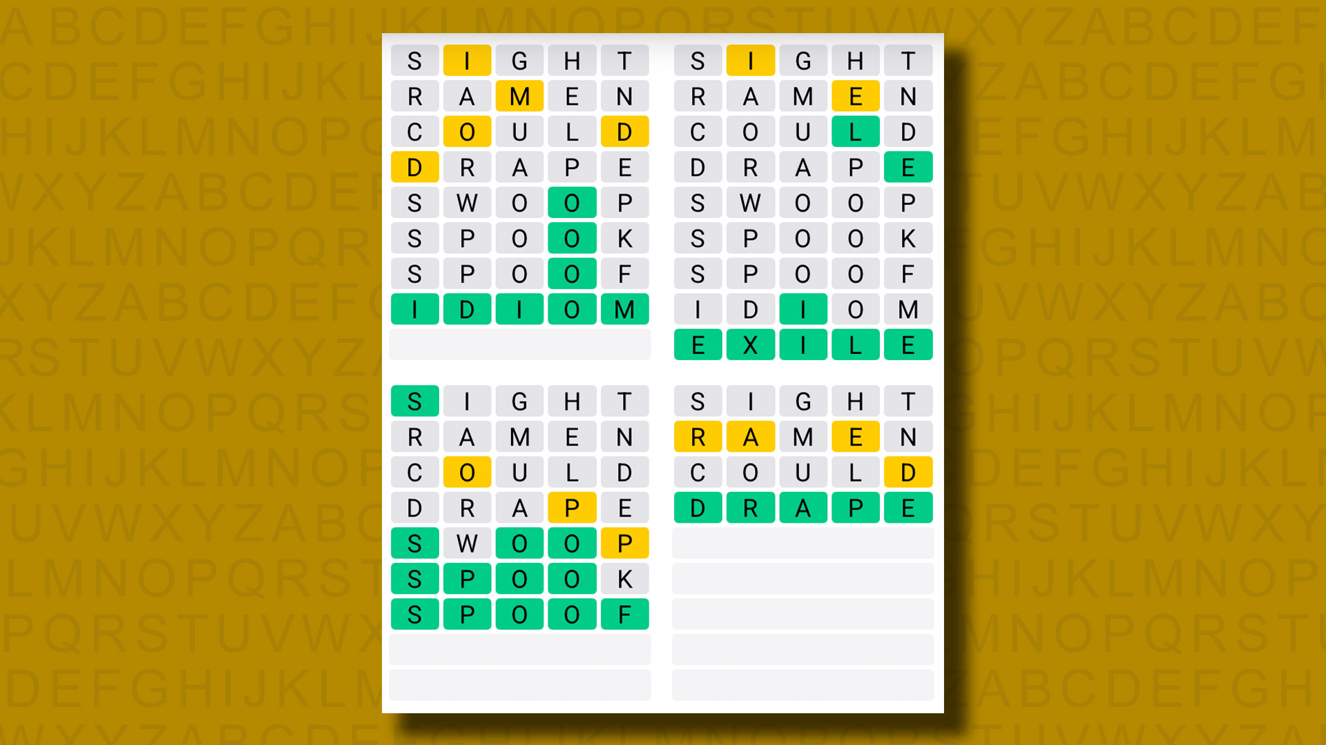 Quordle answers for game 1193 on a yellow background