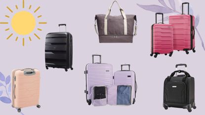 A selection of the best luggage deals in July 2023, on a lilac background with sun and floral graphics.