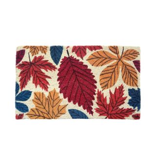 A fall door mat with colorful leaves