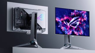 Back and front view of ROG Swift OLED PG27AQWP-W monitors on grey block.