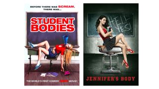 Horror posters; a student slumps over a chair in front of a blackboard