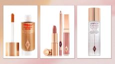 Collage of best Charlotte Tilbury products (L-R) Hollywood Flawless Filter, Pillow Talk Luscious Lip Slick set and Airbrush Flawless Setting Spray on a pink watercolour background