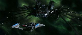 The USS Enterprise faces off against the Scimitar in "Star Trek: Nemesis."