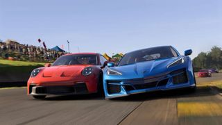 Red and blue sports cars clash mid-race