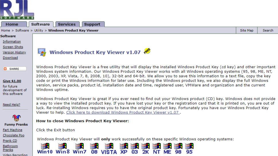 Tangkapan layar situs web untuk Windows Product Key Viewer