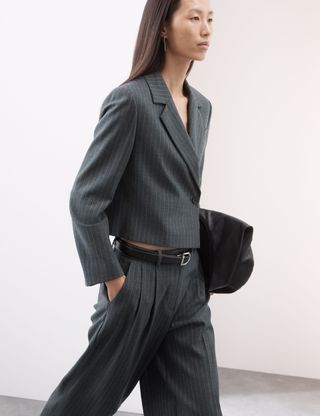 Wool Blend Pinstripe Cropped Blazer