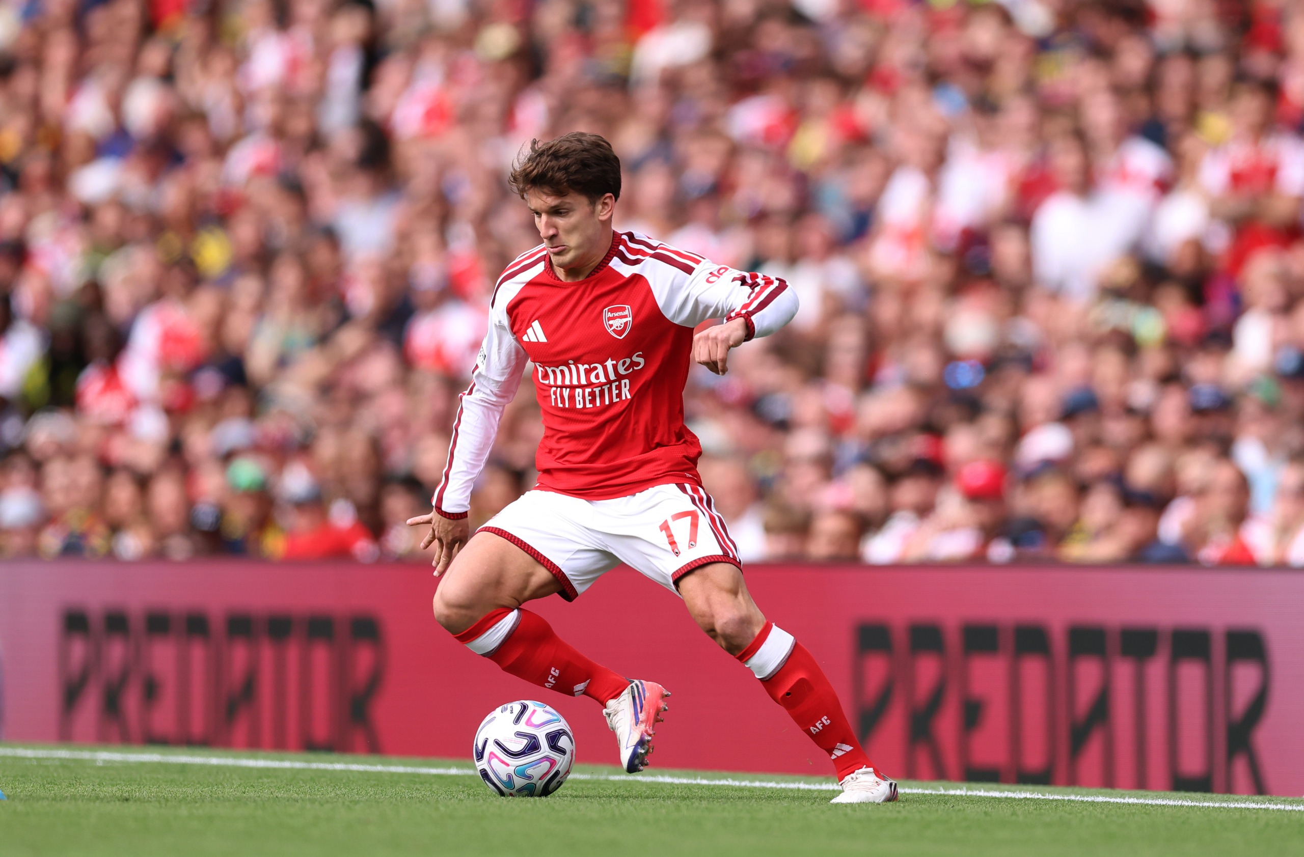 Christos Tzolis of Arsenal during the Premier League 2026/27 match between Arsenal FC and Chelsea FC at Emirates Stadium on September 06, 2026 in London, England.