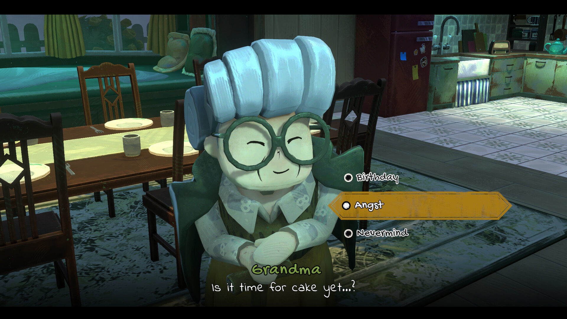 In interactive mystery game, Apple Crumble, the player character talks to their grandma, with three reply options, "Birthday", "Angst", or "Nevermind", when Grandma asks, "Is it time for cake yet?"