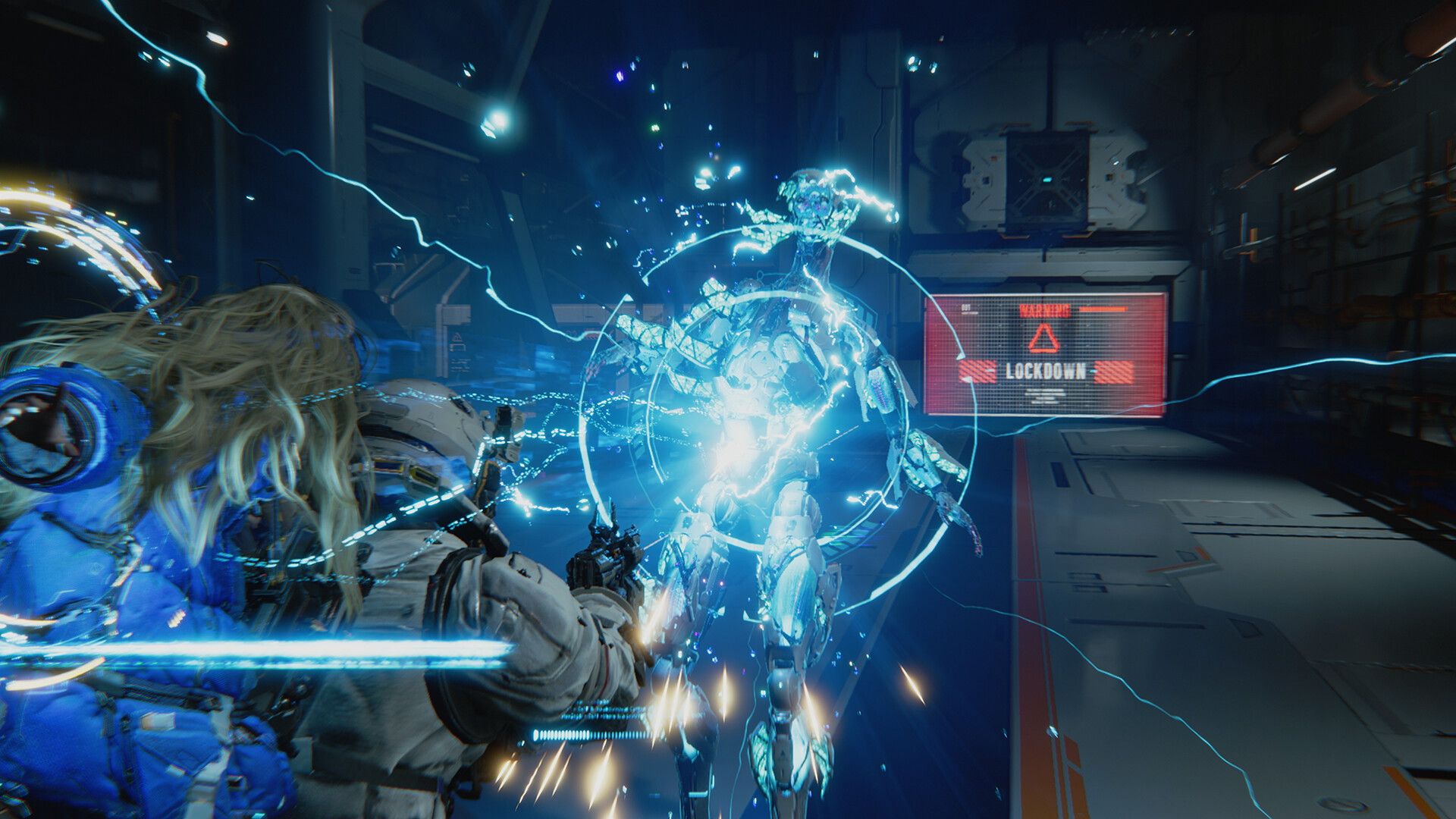 A futuristic soldier aims at a glowing blue holographic figure in a dark control room, as electric arcs and a red warning display create a tense mood.