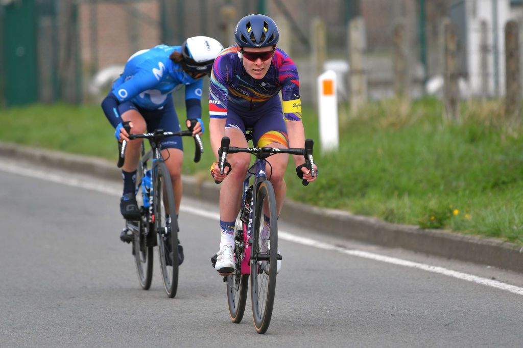 OUDENAARDE BELGIUM APRIL 04 Hannah Barnes of United Kingdom and Team Canyon SRAM Racing Jelena Eric of Serbia and Movistar Team Women during the 18th Ronde van Vlaanderen Tour of Flanders 2021 Womens Elite a 1524km race frim Oudenaarde to Oudenaarde Attack Breakaway RVV21 rondevanvlaanderen tourofflanders UCIWWT on April 04 2021 in Oudenaarde Belgium Photo by Luc ClaessenGetty Images