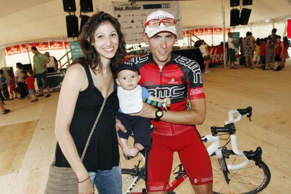 Jackson Stewart (BMC Racing) celebrates his third place on stage 6 at Tour de Beauce 2010 with his son and wife.
