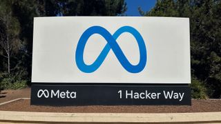 The Meta sign at the company campus at 1 Hacker Way.