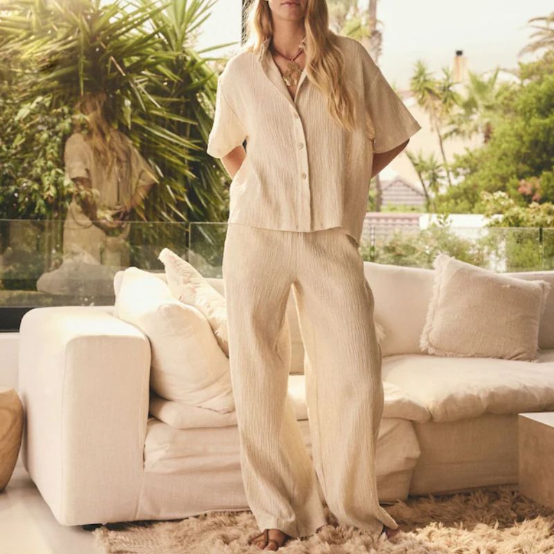 sand-coloured blouse and trousers co-ord set from next