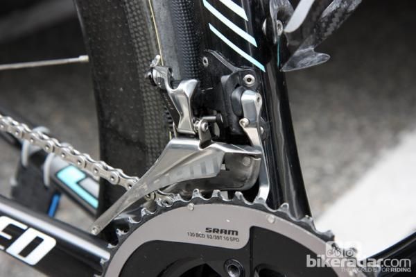 The integrated chain catcher on the new SRAM Red front derailleur, as mounted to Levi Leipheimer's (Omega Pharma-QuickStep) Specialized S-Works Tarmac SL4.