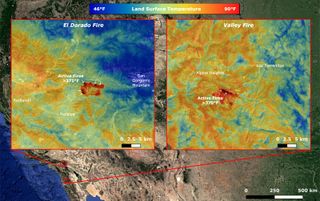A nighttime view of two wildfires in Southern California, based on observations taken by NASA’s ECOsystem Spaceborne Thermal Radiometer Experiment on Space Station (ECOSTRESS). The areas in red show where the fire was likely active when the observations were taken. The areas in orange show above-average nighttime ground temperatures, which are likely caused by a heat wave. 