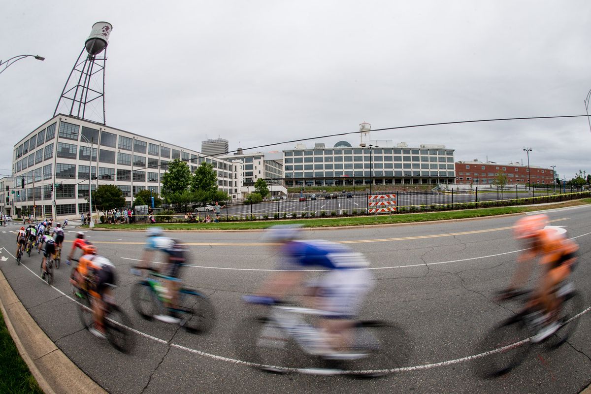 Riders string out heading back into the industrial district.
