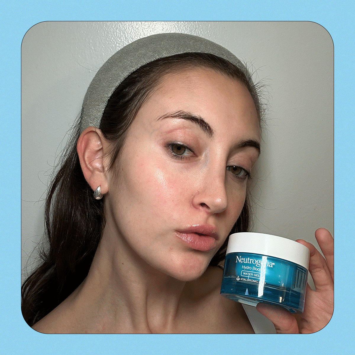 Gif alternating between images of Alyssa Brascia's medicine cabinet lined with expensive skincare products and Alyssa Brascia applying the Neutrogena Hydro Boost Water Gel.